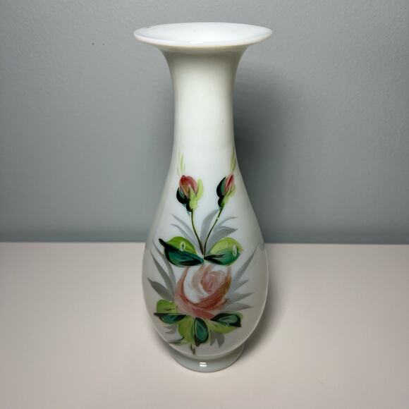 Vintage 40s White Opaline Glass Hand Painted Vase Blown Art Glass Floral - Picture 12 of 12